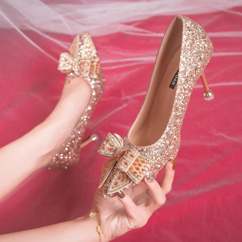 VougeVamp Handmade Crystal Bow Bridal Pumps – Glitter High Heels for Weddings & Parties