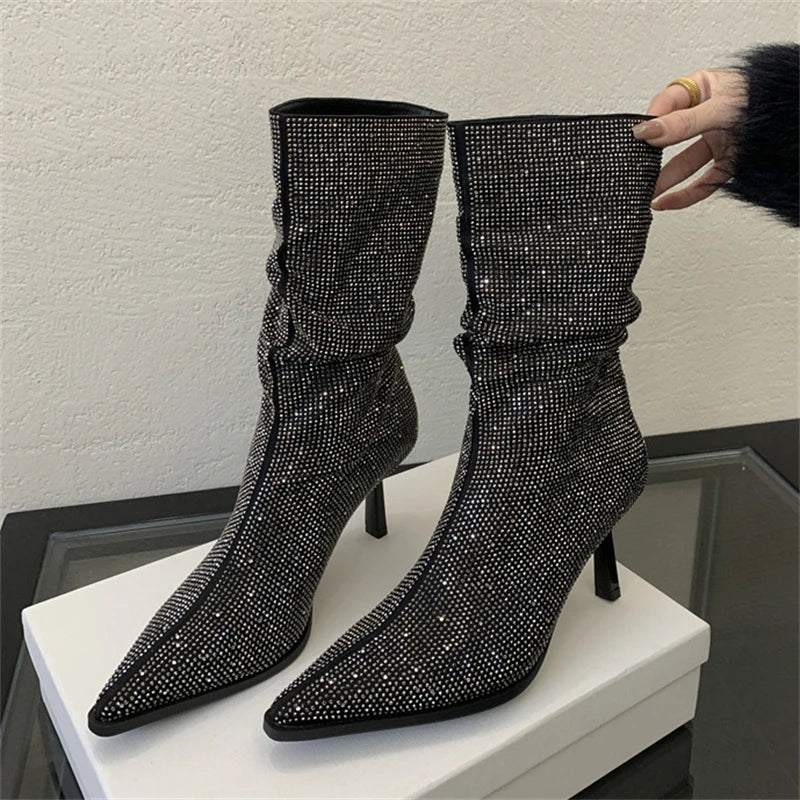 Handmade Rhinestone-Embellished Pointed Toe Ankle Boots for Women - Sexy Thin High Heels Booties - VougeVampUK