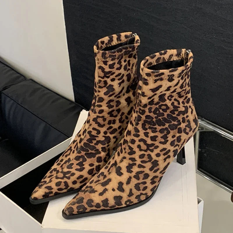 Handmade Leopard Print Pointed Toe Women’s Ankle Boots with Zipper and Thin High Heels - VougeVampUK
