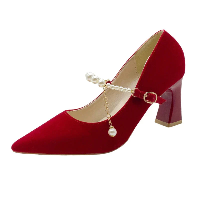 Women's Suede Pointed Toe High Heels – Elegant Embroidered Bridal & Banquet Pumps with Metal Detail