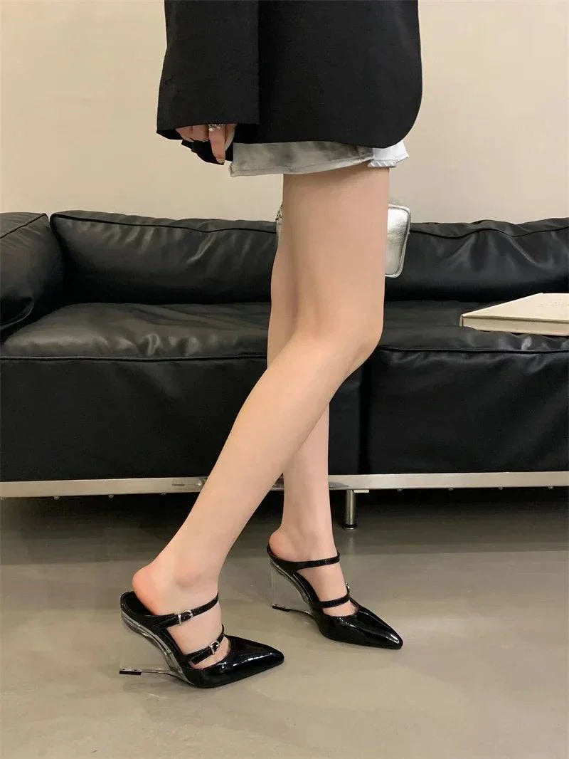 VougeVamp Women’s Transparent Wedge Slippers – Patent Leather Pointed Toe Mules with Buckle Strap for Parties and Summer Events