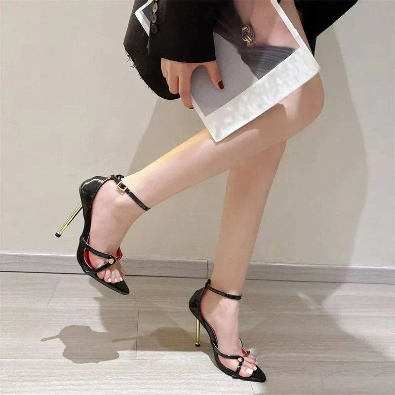 VougeVamp Gold Silver Ankle Cover Strap Sandals - Pointed Open Toe High Heel Party Shoes for Women