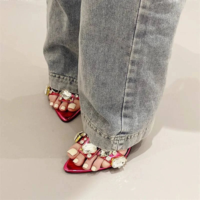 VougeVamp Green Crystal Cross-Strap Sandals - Pointed Toe High Heel Wedding Shoes for Women