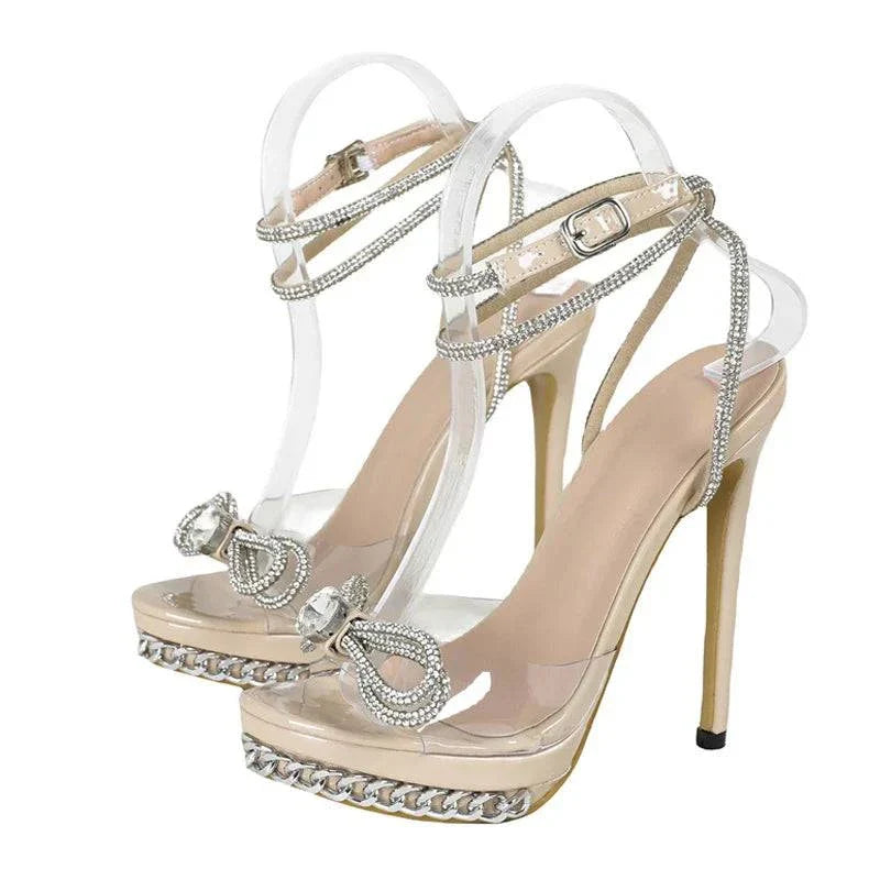 VougeVamp Crystal Bowknot Transparent Sandals - Silver Chain High Heel Platform Shoes for Women