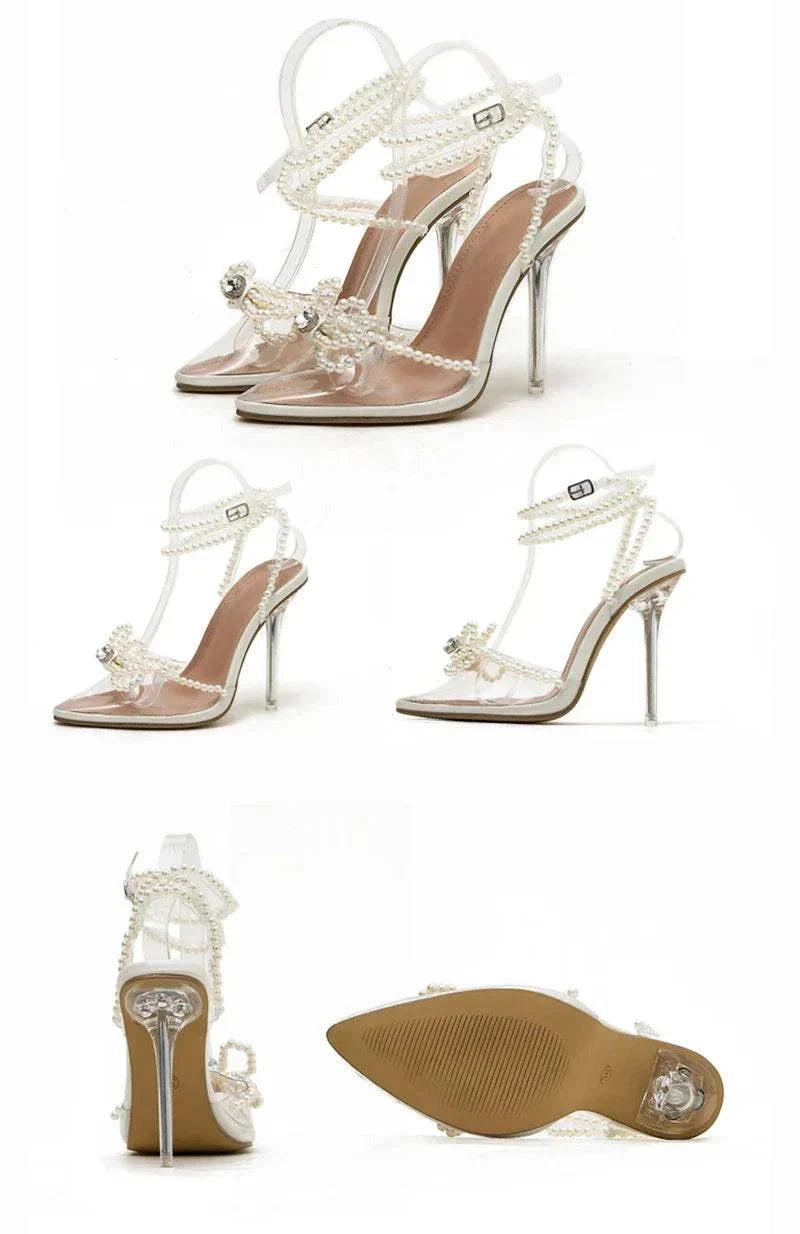 VougeVamp White String Bead Transparent Sandals - Pointed Toe High Heel Party Shoes for Women