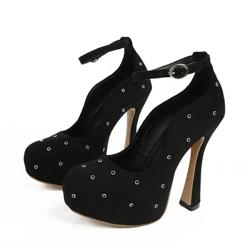 VougeVamp Women’s Round Toe Ankle Buckle Strap Pumps – Metal Rivet Designer High Heels for Parties and Events