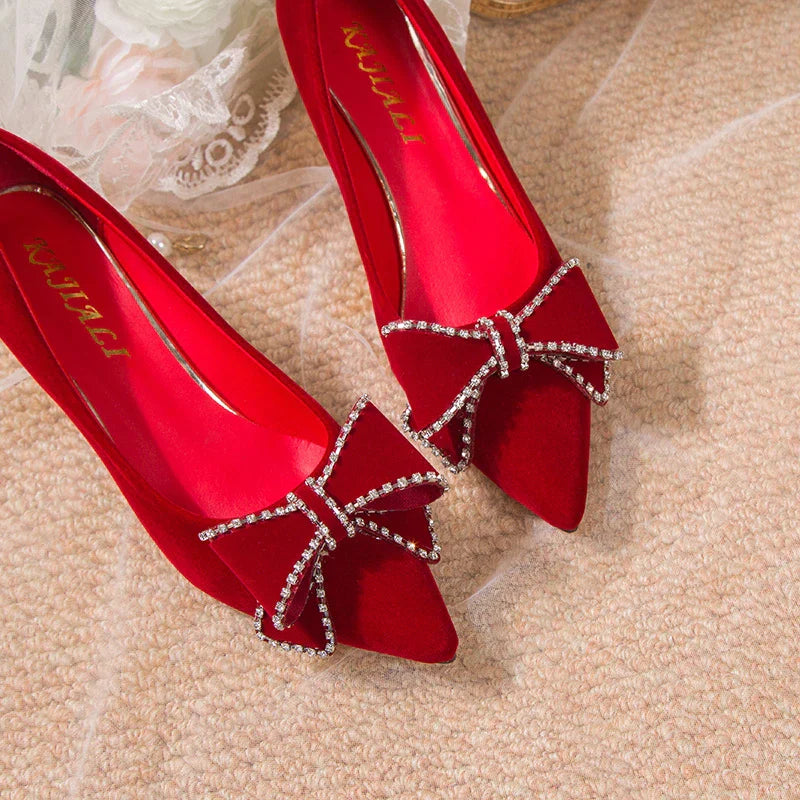 VougeVamp Red Bowtie Crystal High Heel Pumps – Elegant Slip-On Bridal & Party Shoes
