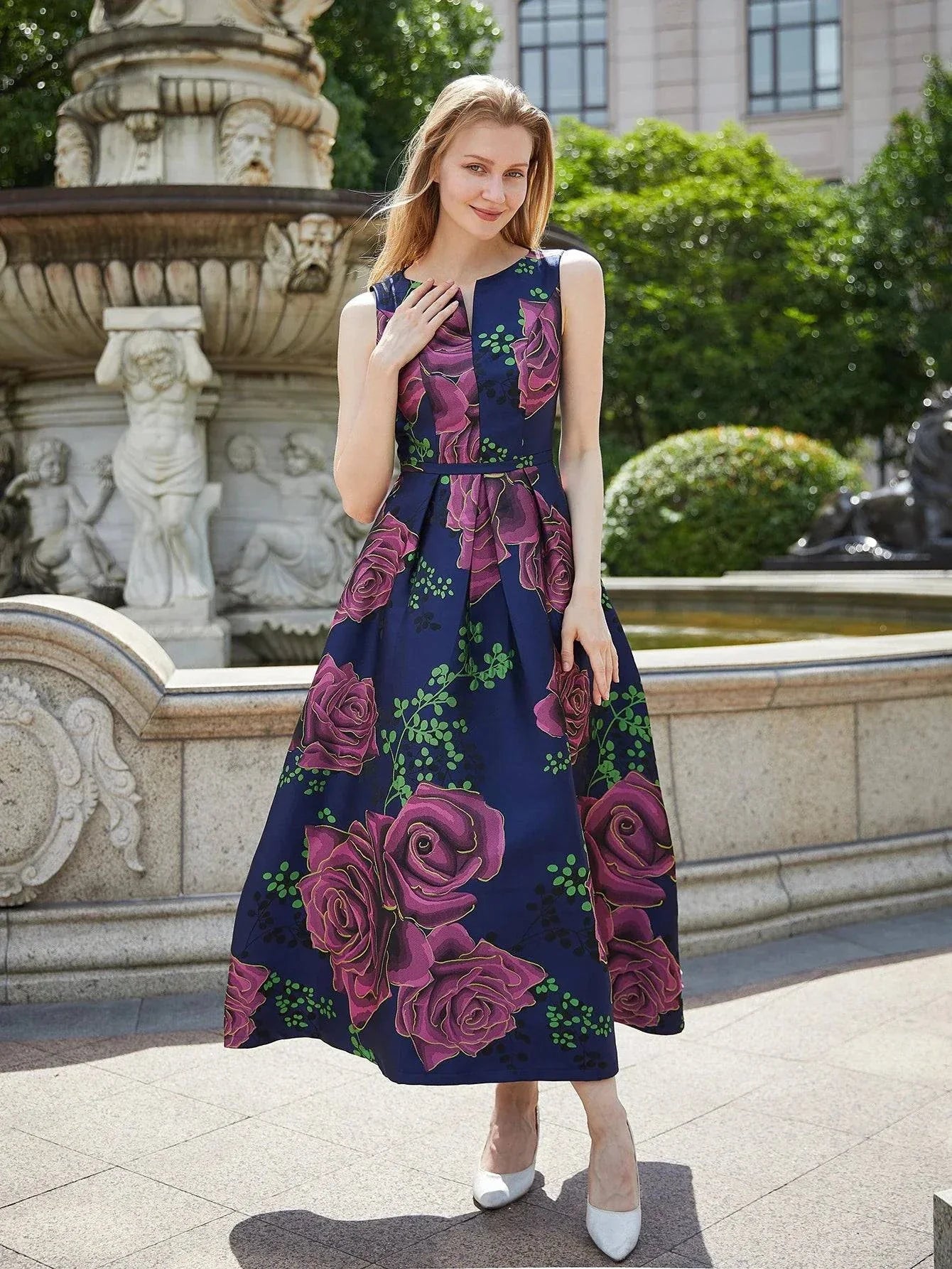 VougeVamp Elegant Women Long Maxi Jacquard Dress - Sleeveless Boho Floral Vintage Party Gown - VougeVampUK