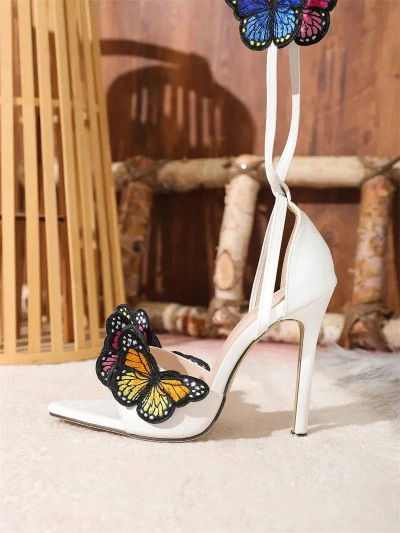 VougeVamp Embroidered Butterfly Ankle Strap Sandals - Pointed Toe High Heel Party Shoes for Women
