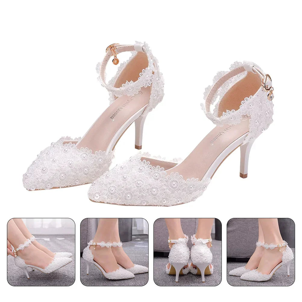 VougeVamp White Stiletto Bridal Heels – Pointed Toe Ankle Strap Wedding Sandals