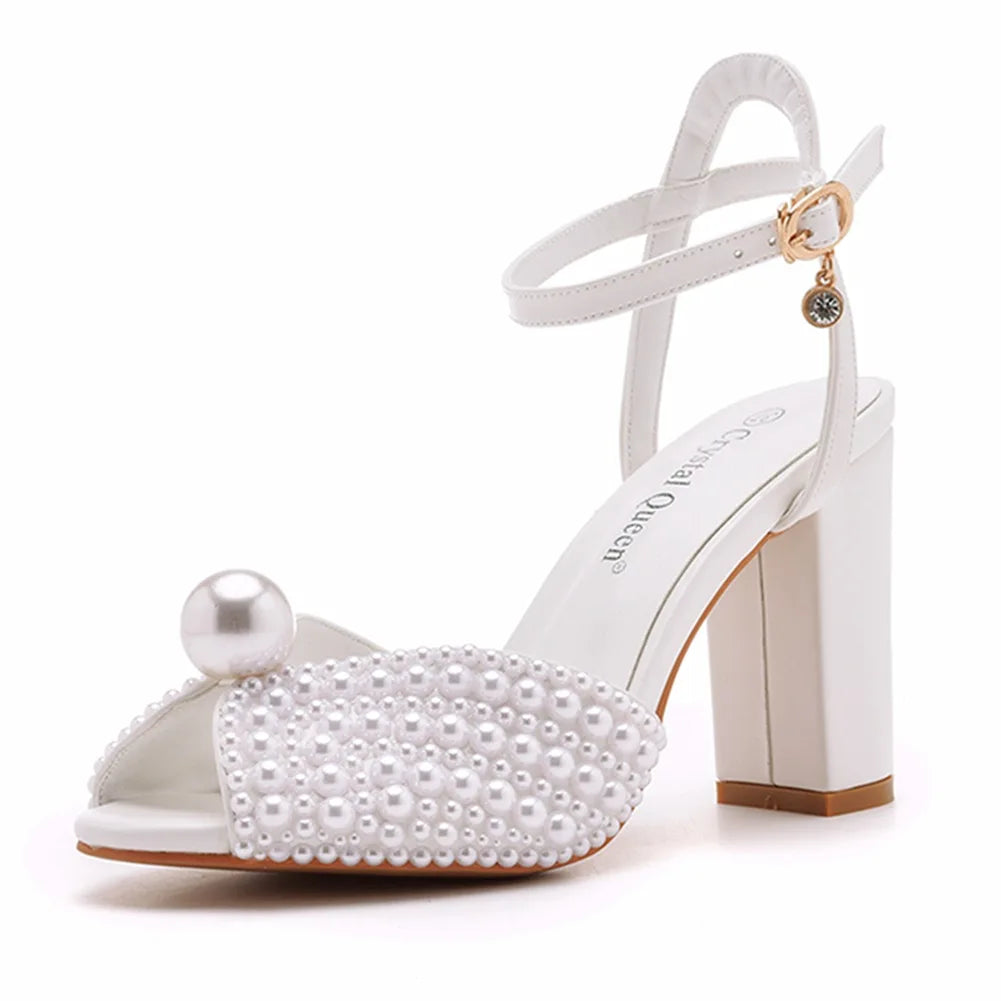 Handmade Designer Pearl-Embellished Thick Square Heel Fish Mouth Sandals for Brides, Wedding Shoes