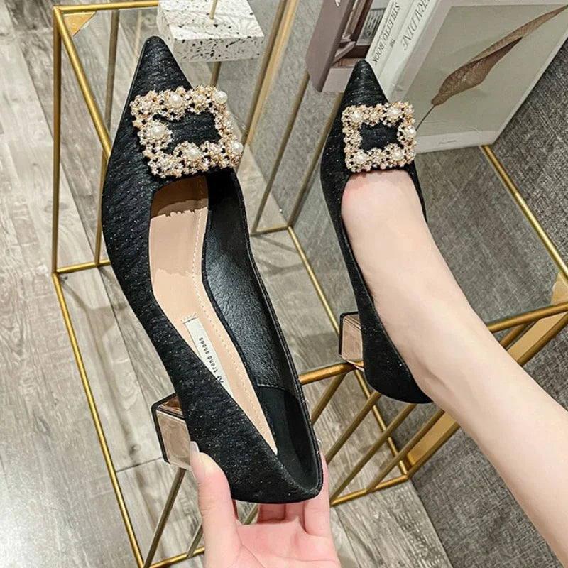 VougeVamp Pearl Rhinestone Pointed Toe Pumps – Elegant Chunky Heel Shoes for Spring Fashion