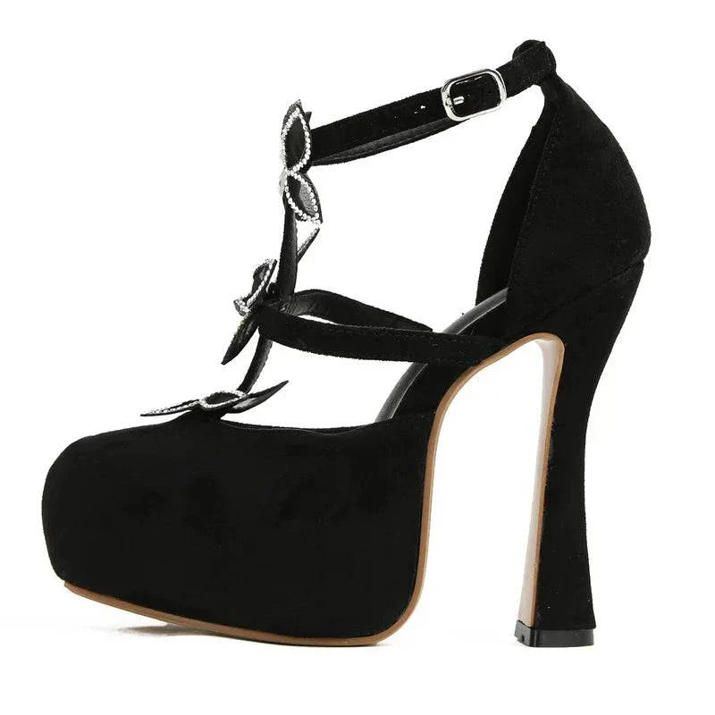 VougeVamp Crystal Rhinestone Butterfly Platform Pumps - Round Toe High Heel Dress Shoes for Women