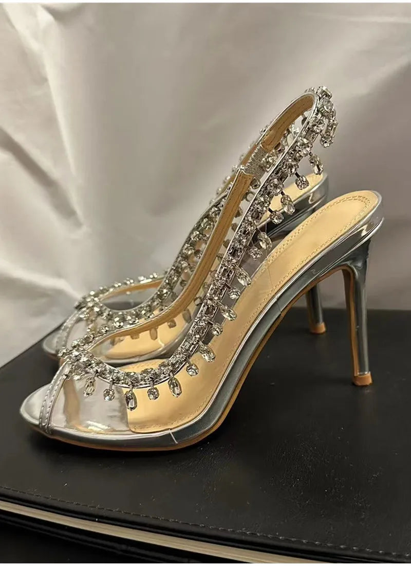 VougeVamp Luxury Crystal Tassel Slingback Pumps – Transparent PVC Peep-Toe High Heels for Weddings & Parties - VougeVampUK