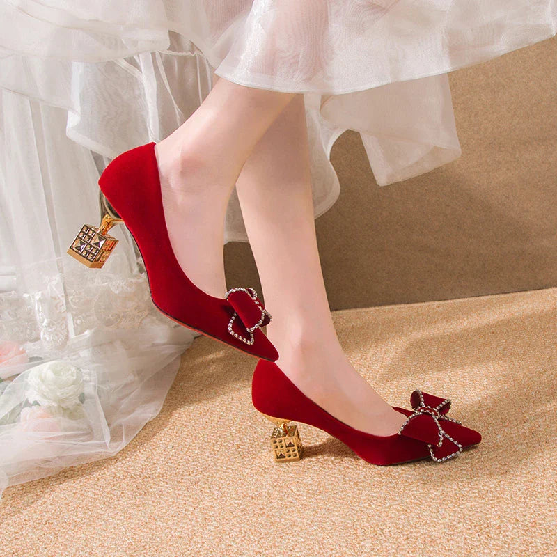 VougeVamp Red Bowtie Crystal High Heel Pumps – Elegant Slip-On Bridal & Party Shoes