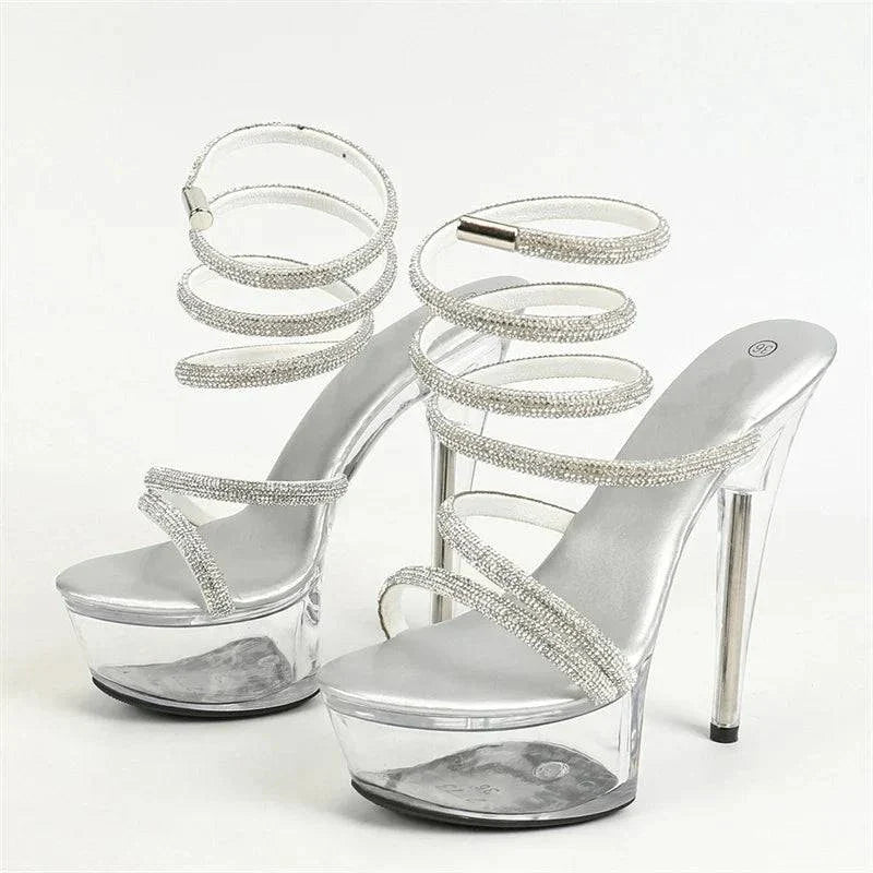 VougeVamp Rhinestone Snake Twine Platform Sandals - Transparent High Heel Wedding Shoes for Women