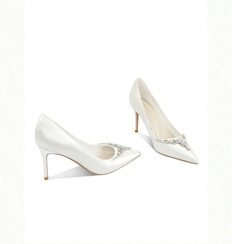 VougeVamp White Silk Satin Bridal Heels – Rhinestone Crystal Stiletto Pumps for Weddings