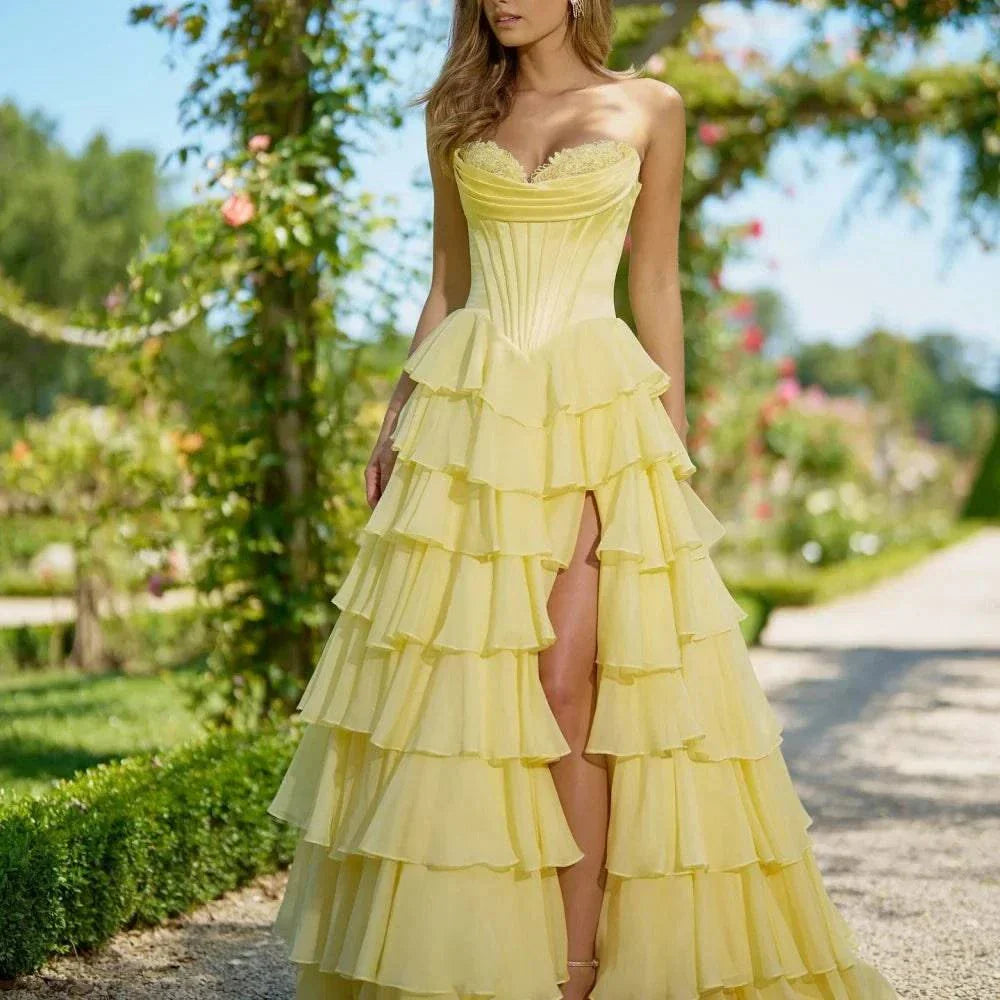 VougeVamp Customized Yellow Lace Strapless Side Slit Chiffon Party Dress - VougeVampUK