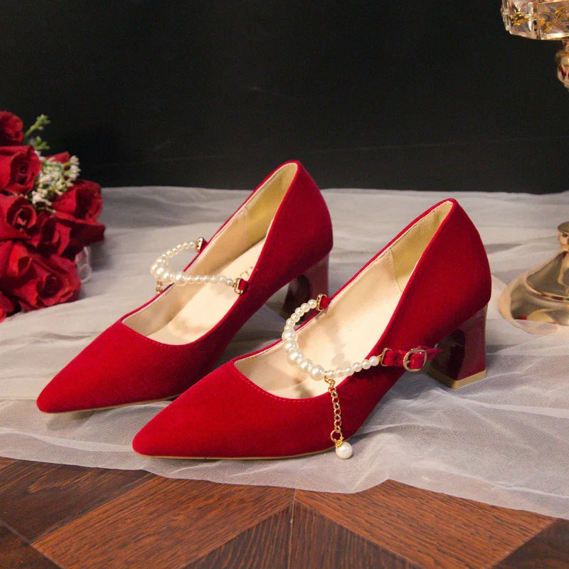 Women's Suede Pointed Toe High Heels – Elegant Embroidered Bridal & Banquet Pumps with Metal Detail