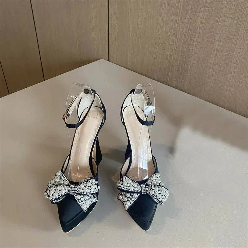 VougeVamp White Pearl Bowknot Platform Pumps - Pointed Toe High Heel Party Shoes for Women