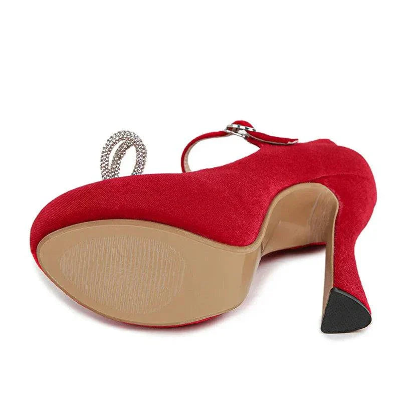 VougeVamp Rhinestone Crystal Bowknot Platform Pumps - Round Toe 13CM High Heel Wedding Shoes for Women