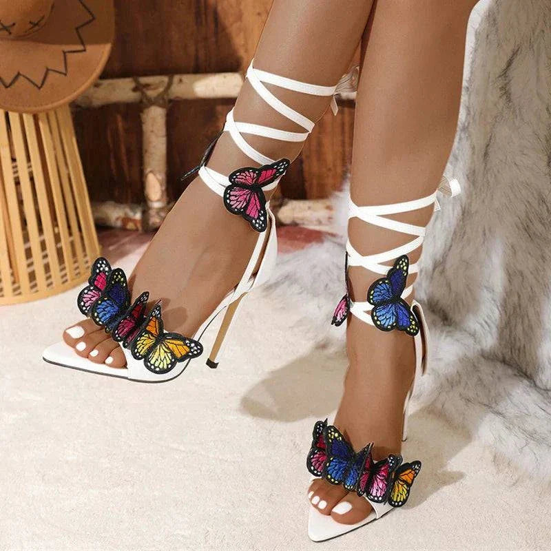 VougeVamp Embroidered Butterfly Ankle Strap Sandals - Pointed Toe High Heel Party Shoes for Women