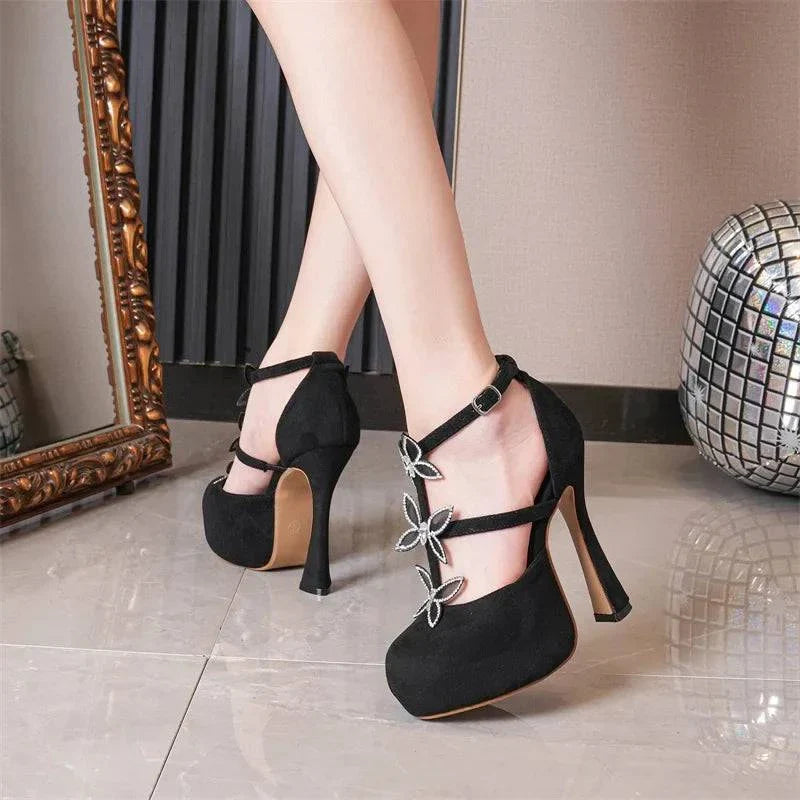 VougeVamp Crystal Rhinestone Butterfly Platform Pumps - Round Toe High Heel Dress Shoes for Women