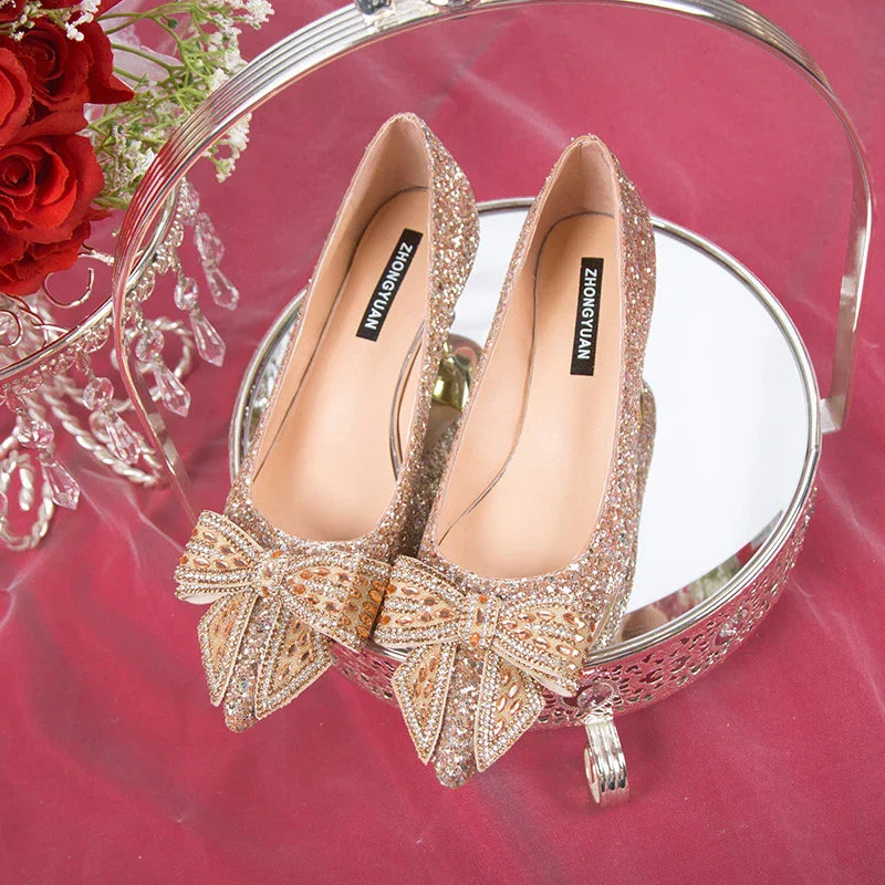 VougeVamp Handmade Crystal Bow Bridal Pumps – Glitter High Heels for Weddings & Parties