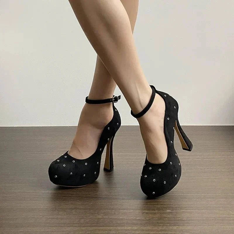 VougeVamp Women’s Round Toe Ankle Buckle Strap Pumps – Metal Rivet Designer High Heels for Parties and Events