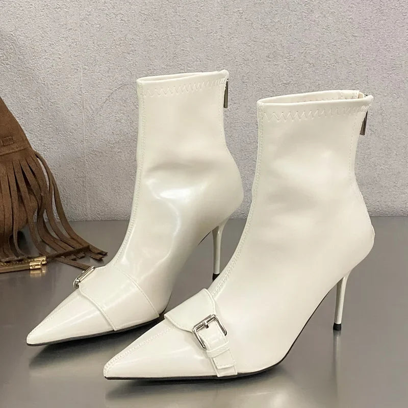 Handmade Slim-Fit Pointed Toe Women’s Ankle Boots with Zipper and Belt Buckle, Thin High Heels