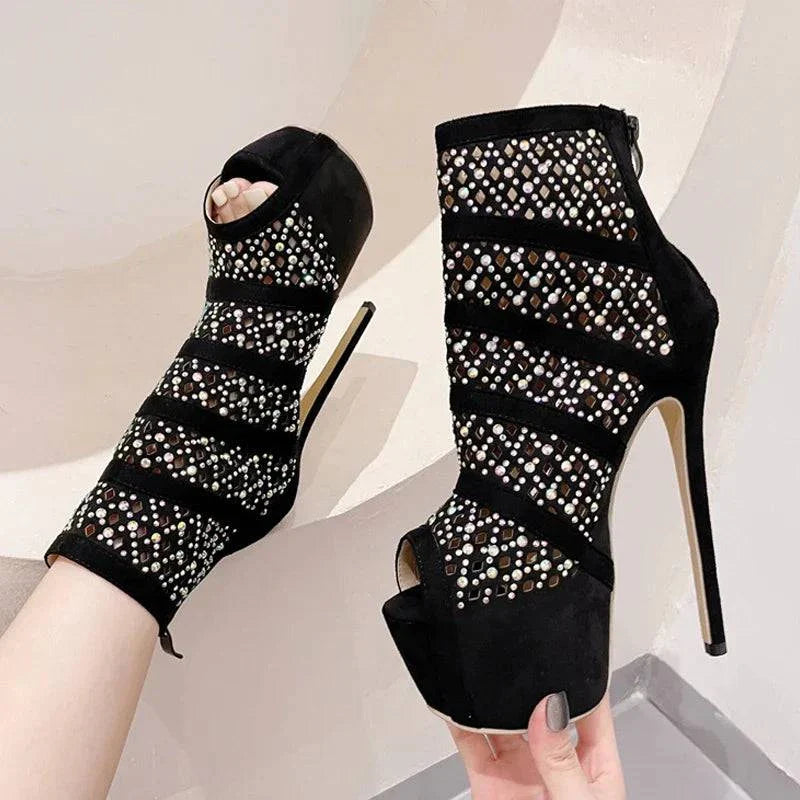 VougeVamp Rhinestone Mesh Ankle Boots - Peep Toe Platform High Heel Booties for Women