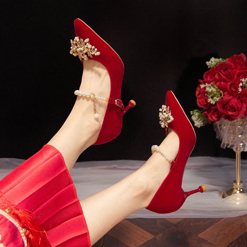 Women's Suede Pointed Toe High Heels – Elegant Embroidered Bridal & Banquet Pumps with Metal Detail