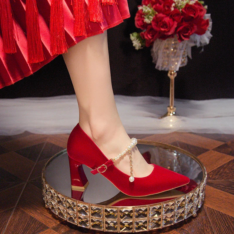 Women's Suede Pointed Toe High Heels – Elegant Embroidered Bridal & Banquet Pumps with Metal Detail