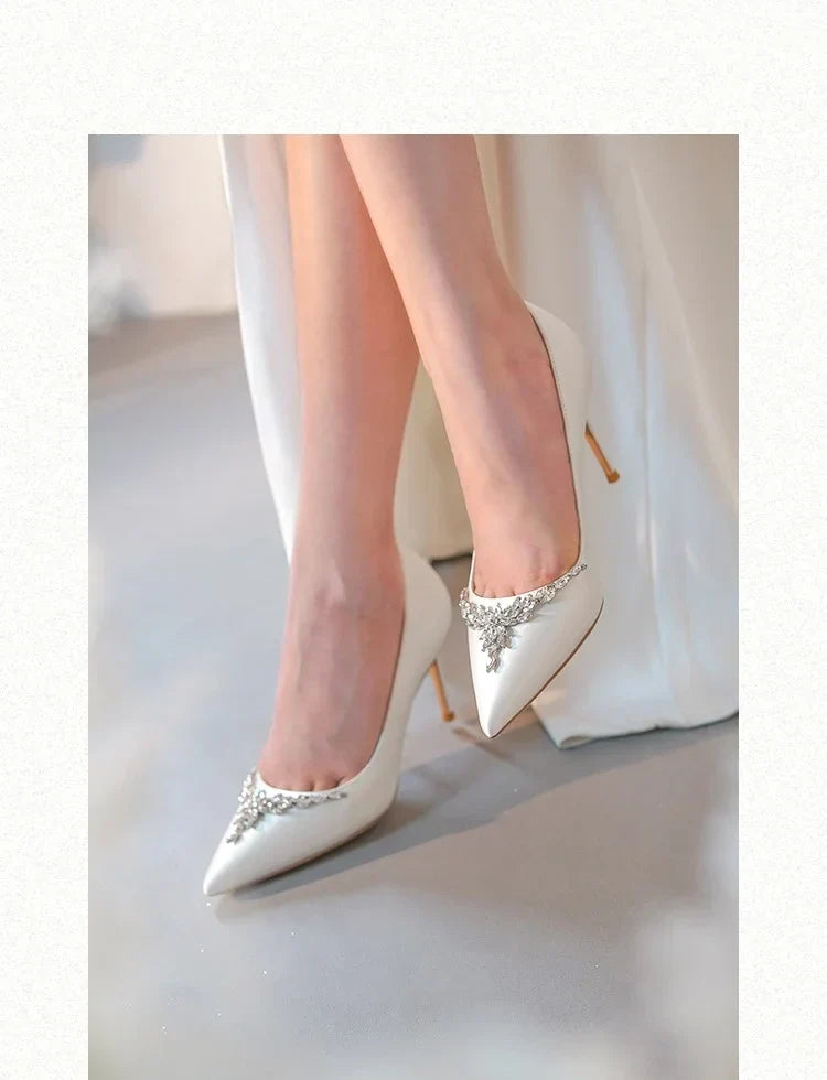 VougeVamp White Silk Satin Bridal Heels – Rhinestone Crystal Stiletto Pumps for Weddings