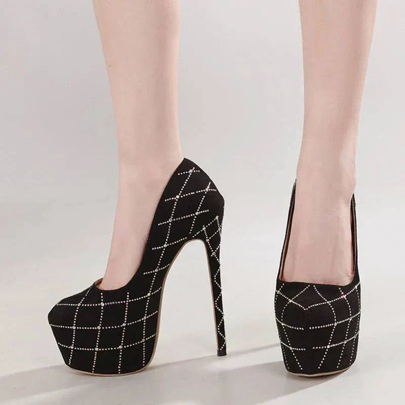 VougeVamp Women’s Catwalk Super High Heels – Crystal Rhinestone Platform Pumps for Parties and Banquets