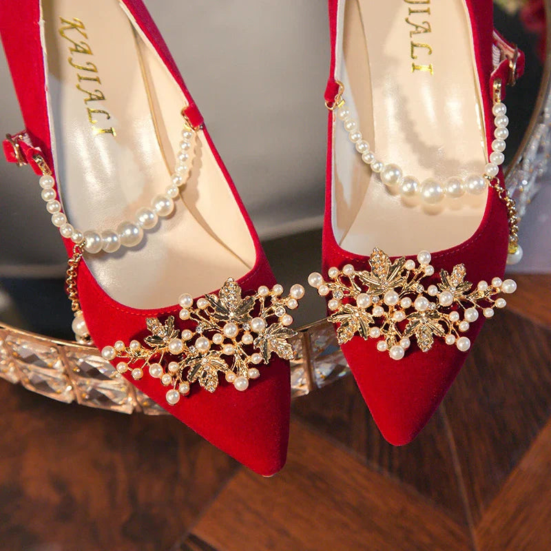 Women's Suede Pointed Toe High Heels – Elegant Embroidered Bridal & Banquet Pumps with Metal Detail