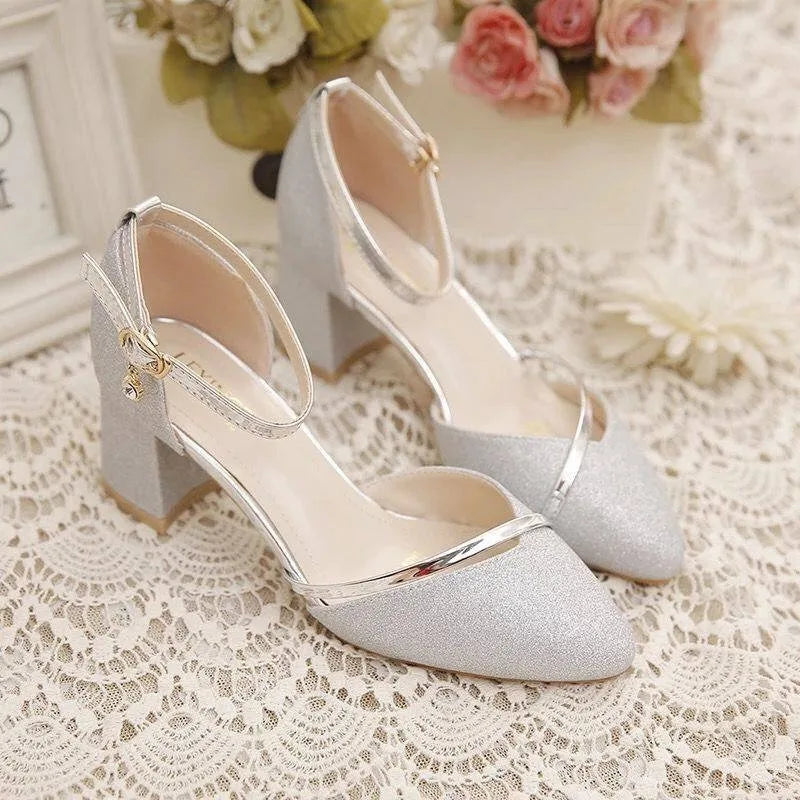 VougeVamp Women's Sequin Chunky Heel Wedding Shoes – Elegant Bridesmaid High Heels with Buckle Strap