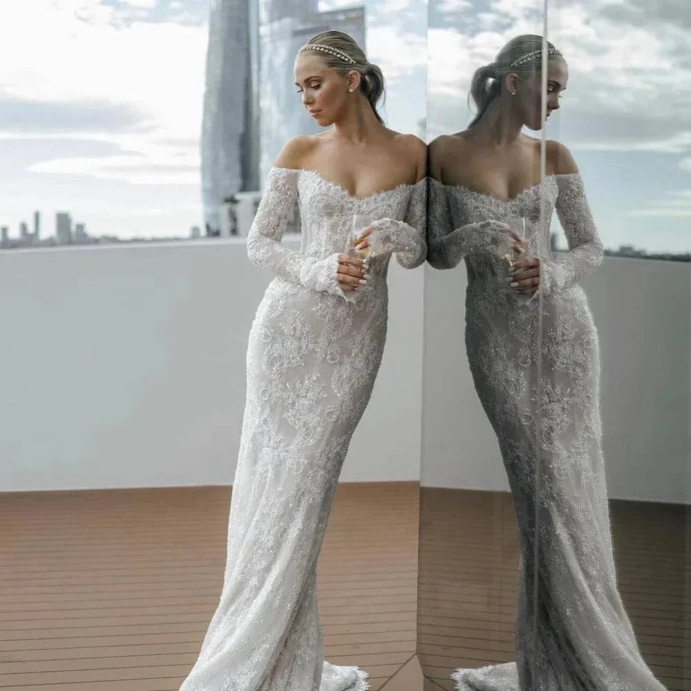 VougeVamp Customized White Mermaid Off-the-Shoulder Prom Dress - Lace Long Sleeve Backless Evening Gown - VougeVampUK