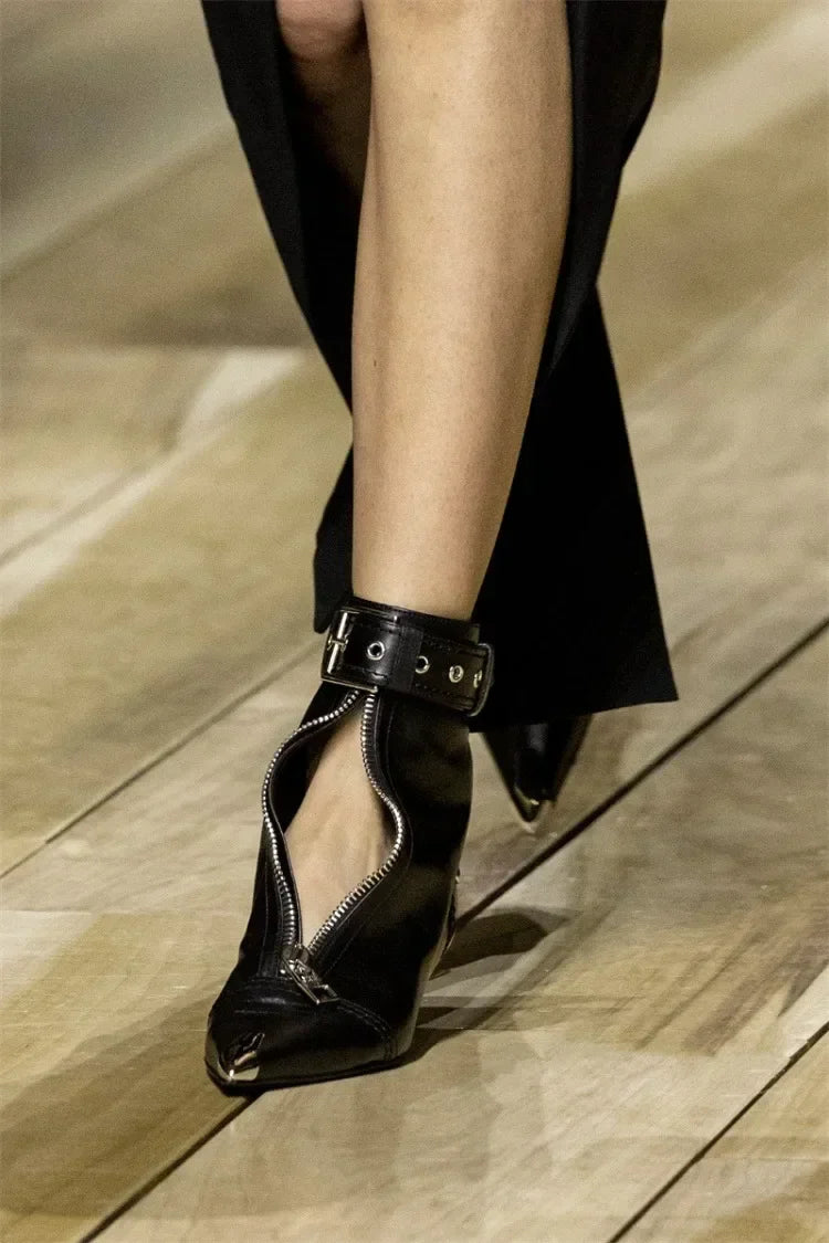 Handmade Women's Red High-Heeled Ankle Boots with Belt Buckle, Front Zipper, Pointed Toe, and Metallic Accent - VougeVampUK