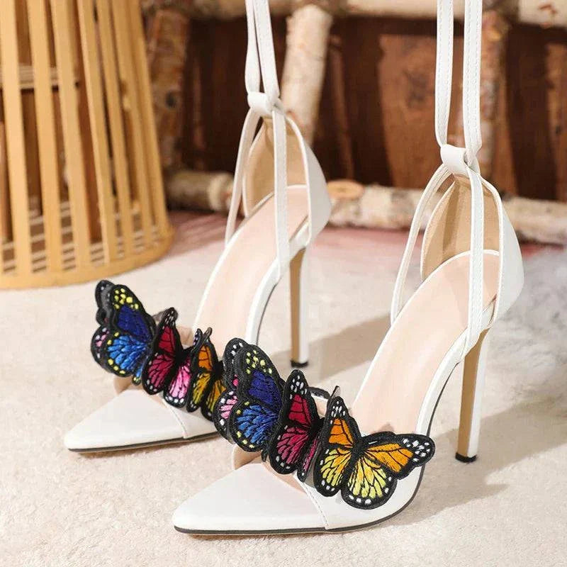 VougeVamp Embroidered Butterfly Ankle Strap Sandals - Pointed Toe High Heel Party Shoes for Women