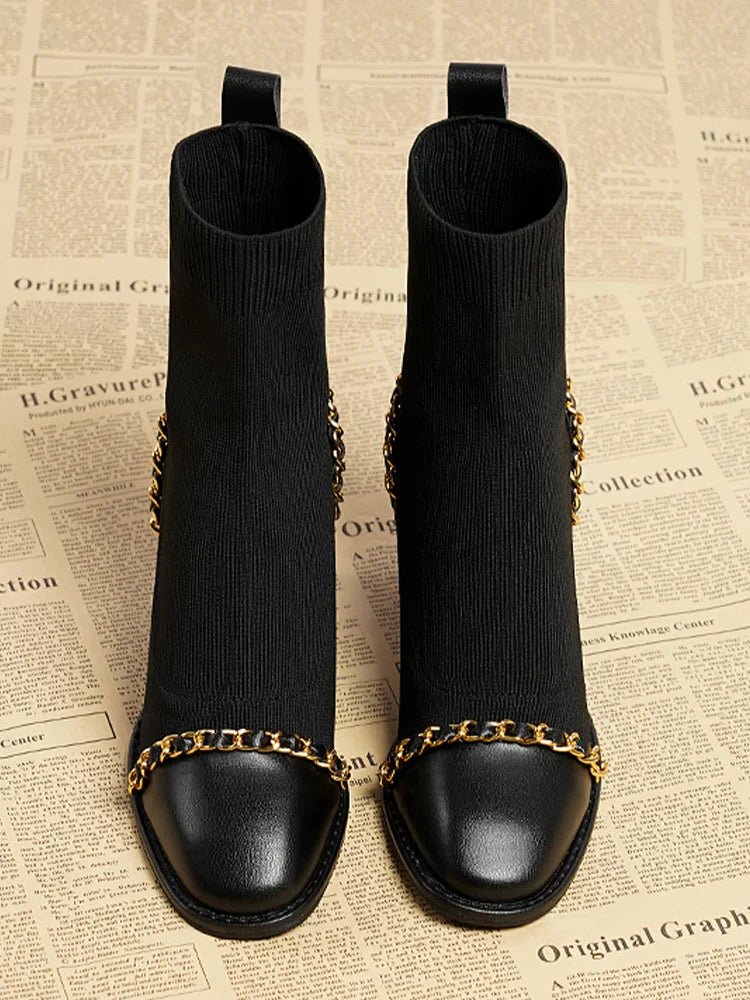 VougeVamp Women's Knitted Chain Sock Boots – Trendy Chunky Heel Winter Ankle Boots - VougeVampUK