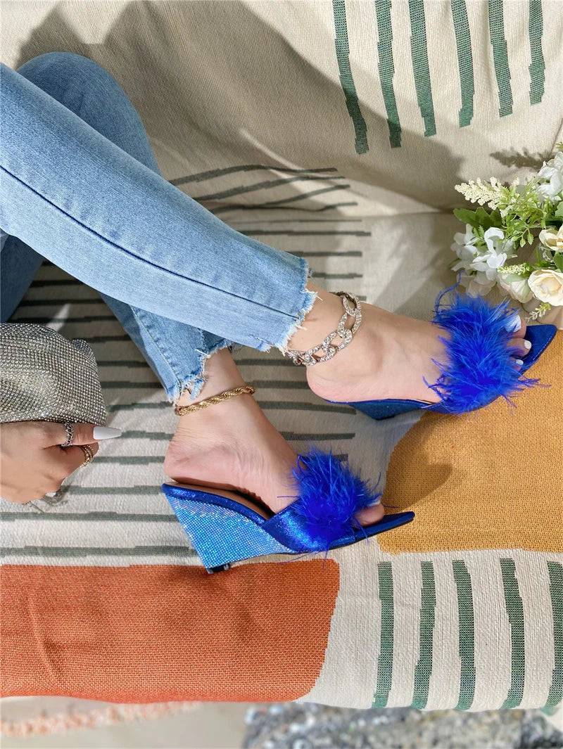 VougeVamp Blue Fluffy Feather Wedge Slippers - Pointed Toe High Heel Summer Sandals for Women