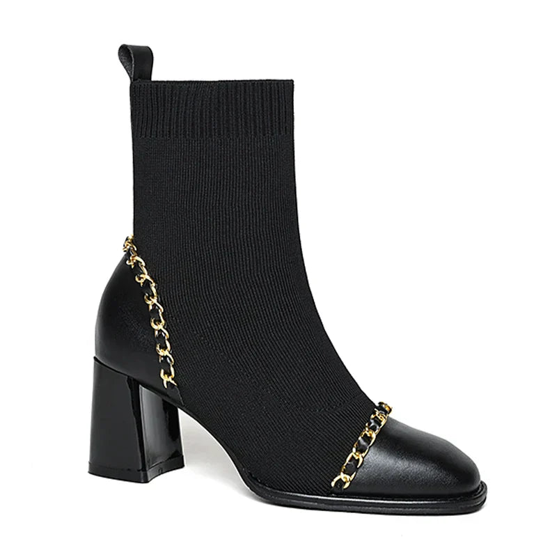 VougeVamp Women's Knitted Chain Sock Boots – Trendy Chunky Heel Winter Ankle Boots - VougeVampUK