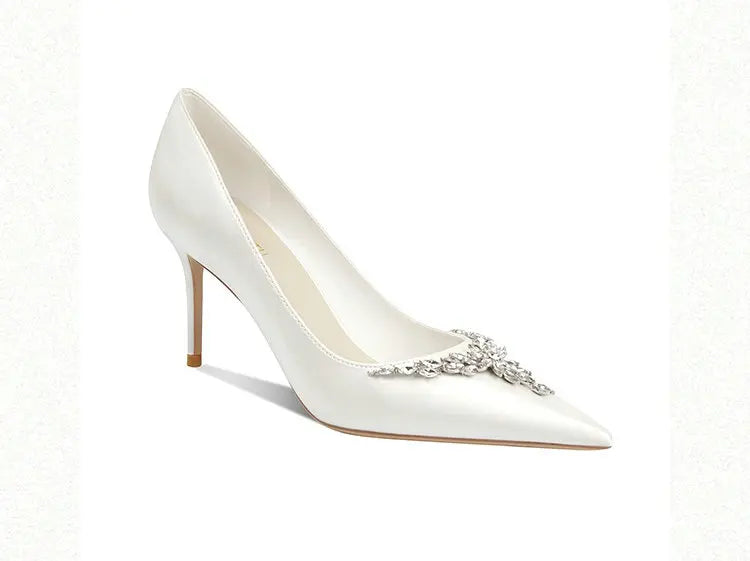 VougeVamp White Silk Satin Bridal Heels – Rhinestone Crystal Stiletto Pumps for Weddings