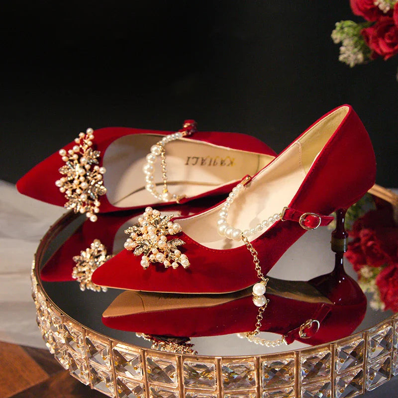 Women's Suede Pointed Toe High Heels – Elegant Embroidered Bridal & Banquet Pumps with Metal Detail