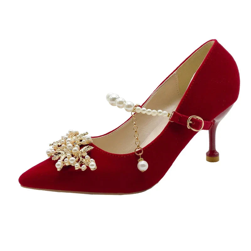 Women's Suede Pointed Toe High Heels – Elegant Embroidered Bridal & Banquet Pumps with Metal Detail