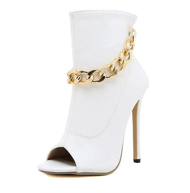 VougeVamp White Leather Ankle Sandal Boots - Peep Toe High Heel Pumps with Metal Chain