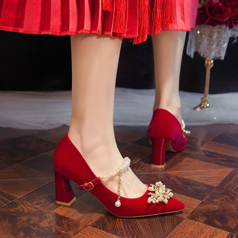 Women's Suede Pointed Toe High Heels – Elegant Embroidered Bridal & Banquet Pumps with Metal Detail