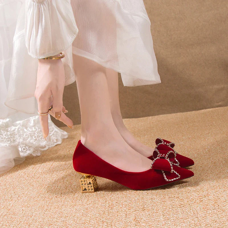 VougeVamp Red Bowtie Crystal High Heel Pumps – Elegant Slip-On Bridal & Party Shoes