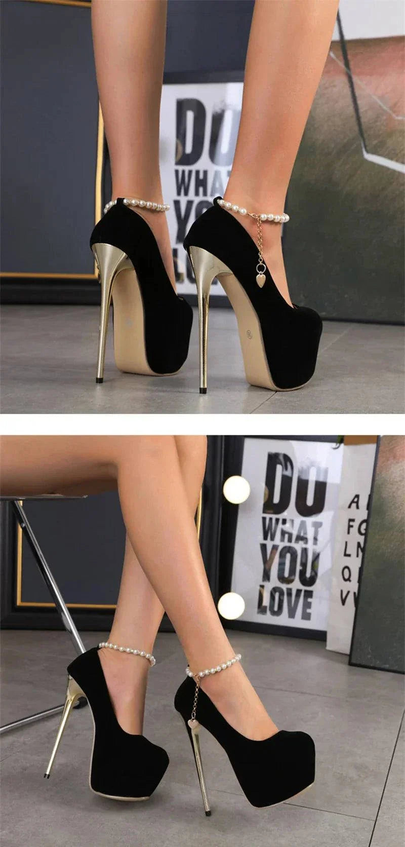VougeVamp Black String Bead Platform Pumps - 16CM High Heel Ankle Strap Party Shoes for Women